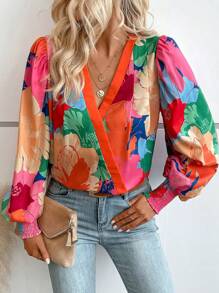 SHEIN VCAY 印花燈籠袖交叉領襯衫 - 彩色 - 查看 3