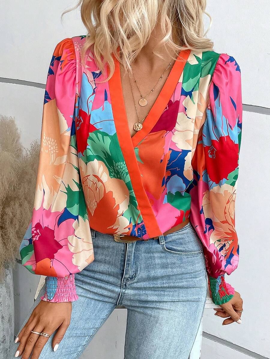 SHEIN VCAY 印花燈籠袖交叉領襯衫 - 彩色 - 查看 1