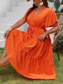 SHEIN VCAY 大碼蝴蝶袖荷葉邊繫腰帶連衣裙 - 橘色 - 查看 1