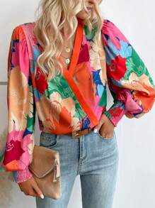 SHEIN VCAY 印花燈籠袖交叉領襯衫 - 彩色 - 查看 6