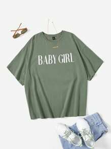 SHEIN EZwear 大码字母图案落肩 T 恤，女式夏季 T 恤 - 綠色 - 查看 1
