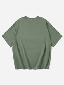 SHEIN EZwear 大码字母图案落肩 T 恤，女式夏季 T 恤 - 綠色 - 查看 2