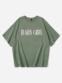 SHEIN EZwear 大码字母图案落肩 T 恤，女式夏季 T 恤 - 綠色 - 查看 3