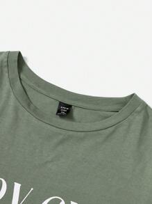 SHEIN EZwear 大码字母图案落肩 T 恤，女式夏季 T 恤 - 綠色 - 查看 4