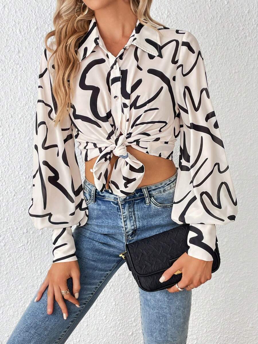 SHEIN Essnce 滿版印花燈籠袖襯衫 - 彩色 - 查看 1