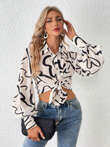 SHEIN Essnce 滿版印花燈籠袖襯衫 - 彩色 - 查看 4
