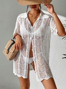SHEIN Swim Summer Beach Hollow Out Button Front Kimono - White - View 1