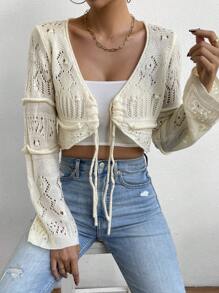 SHEIN Privé Mặt trước dây rút Dệt kim chấm bi Cắt sửa áo lông cừu - Màu be - Xem 1