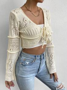 SHEIN Privé Mặt trước dây rút Dệt kim chấm bi Cắt sửa áo lông cừu - Màu be - Xem 3