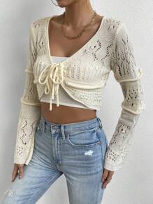 SHEIN Privé Mặt trước dây rút Dệt kim chấm bi Cắt sửa áo lông cừu - Màu be - Xem 4