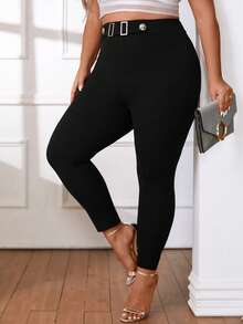 SHEIN Privé 大碼高腰搭扣細節緊身褲 - 黑色 - 查看 5