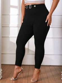 SHEIN Privé 大碼高腰搭扣細節緊身褲 - 黑色 - 查看 3