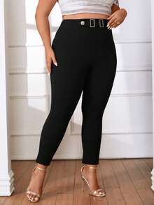 SHEIN Privé 大碼高腰搭扣細節緊身褲 - 黑色 - 查看 4