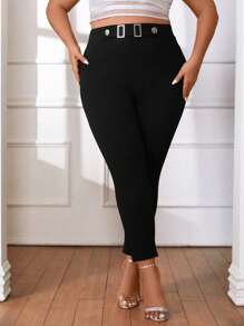 SHEIN Privé 大碼高腰搭扣細節緊身褲 - 黑色 - 查看 1