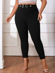 SHEIN Privé 大碼高腰搭扣細節緊身褲 - 黑色 - 查看 6