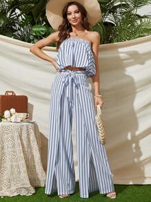 SHEIN VCAY Sọc Ống ngọn & Viền chia cắt Quần ống rộng Bộ - Xanh và trắng - Xem 2