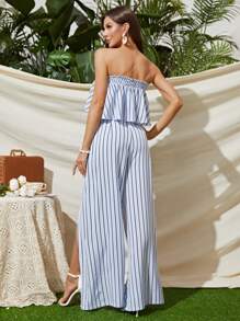 SHEIN VCAY Sọc Ống ngọn & Viền chia cắt Quần ống rộng Bộ - Xanh và trắng - Xem 3