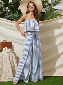 SHEIN VCAY Sọc Ống ngọn & Viền chia cắt Quần ống rộng Bộ - Xanh và trắng - Xem 5