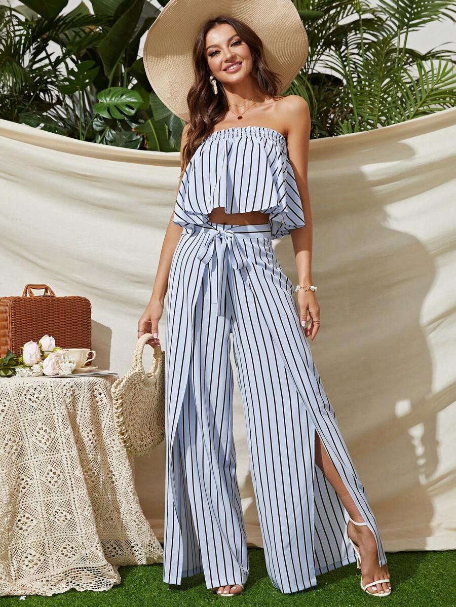 SHEIN VCAY Sọc Ống ngọn & Viền chia cắt Quần ống rộng Bộ - Xanh và trắng - Xem 1