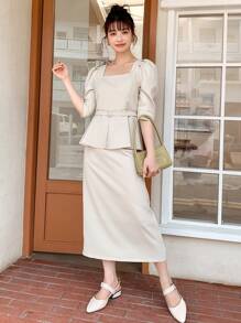 DAZY 方領泡泡袖襯衫和半身裙 - 杏色 - 查看 3