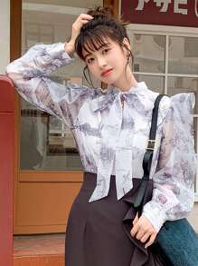 DAZY 繫帶領荷葉邊襯衫 - 白色 - 查看 4