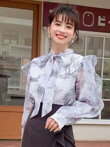 DAZY 繫帶領荷葉邊襯衫 - 白色 - 查看 5