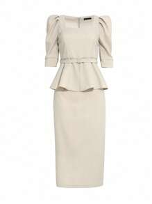 DAZY 方領泡泡袖襯衫和半身裙 - 杏色 - 查看 6