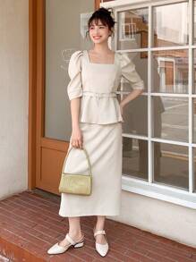 DAZY 方領泡泡袖襯衫和半身裙 - 杏色 - 查看 7