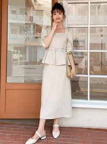 DAZY 方領泡泡袖襯衫和半身裙 - 杏色 - 查看 10