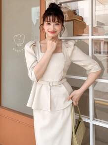DAZY 方領泡泡袖襯衫和半身裙 - 杏色 - 查看 11