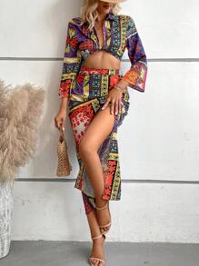 SHEIN Essnce 撞色拼接圖案前扭結短款上衣和高衩半身裙 - 彩色 - 查看 3