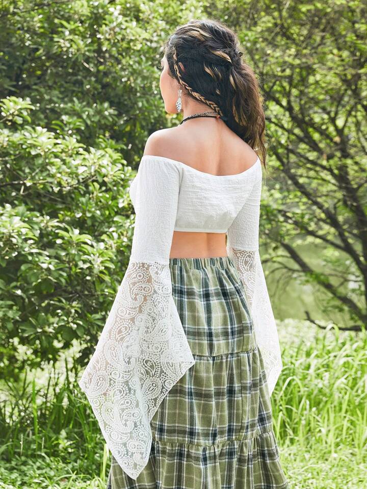 Hippie Off Shoulder Drawstring Front Trumpet Sleeve Tassel Tie Front Crop  Top