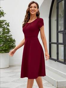 HOMEYEE Solid Petal Sleeve A-Line Dress Casual Women Dresses