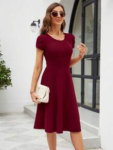 HOMEYEE Solid Petal Sleeve A-Line Dress Casual Women Dresses