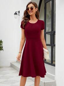 HOMEYEE Solid Petal Sleeve A-Line Dress Casual Women Dresses