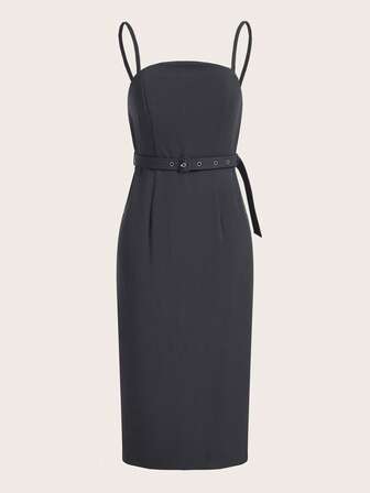 SHEINNeu 素色腰帶吊帶連衣裙