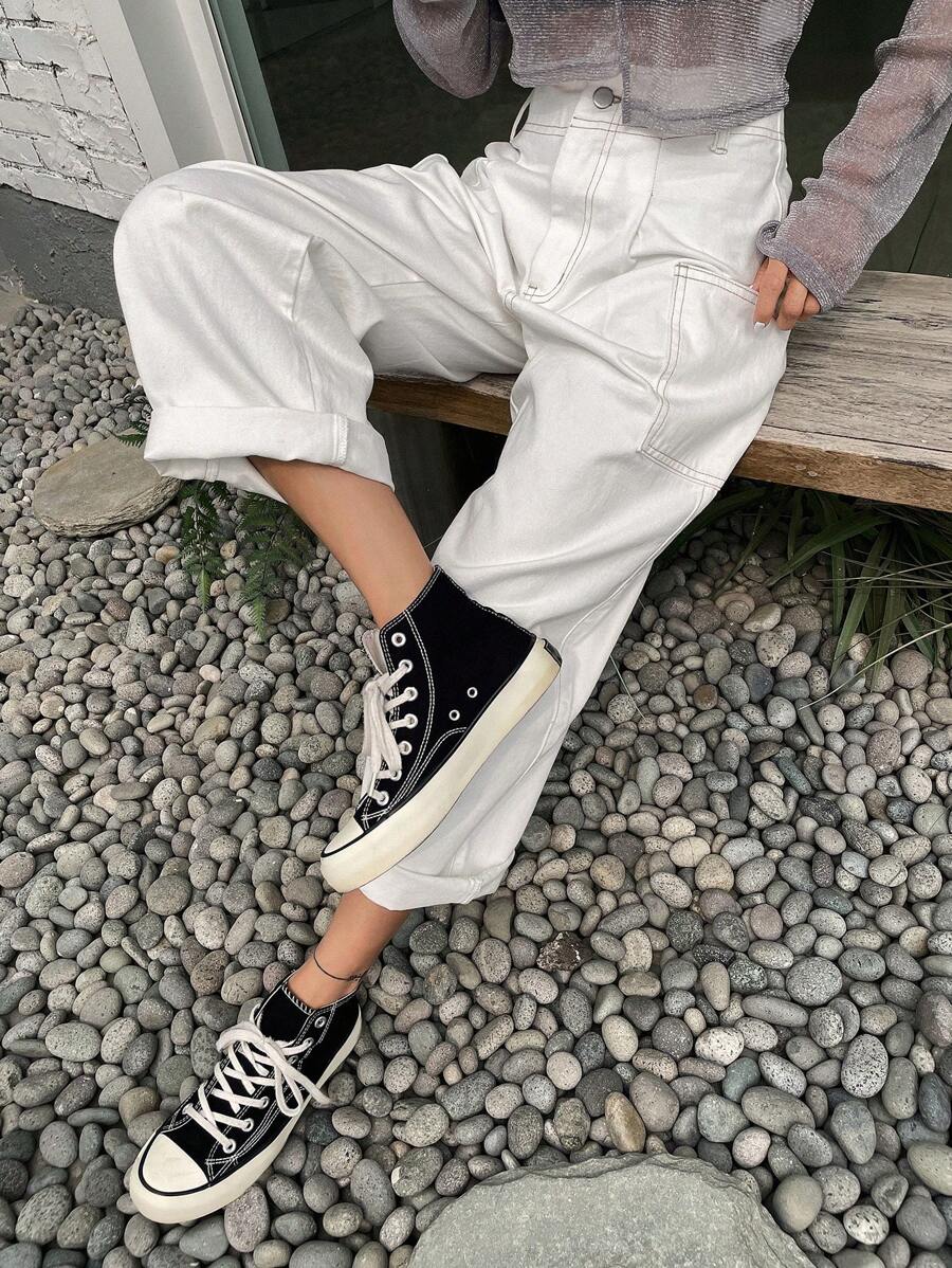 DAZY Chất rắn quần ống rộng Quần jean - trắng - Xem 1