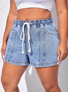 SHEIN EZwear Plus Drawstring Waist Denim Shorts - Light Wash - View 1
