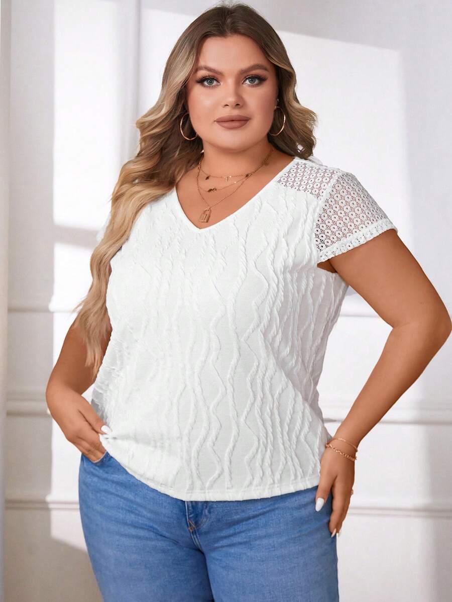 SHEIN Privé Hơn Ren tương phản Cổ v Áo thun - trắng - Xem 1