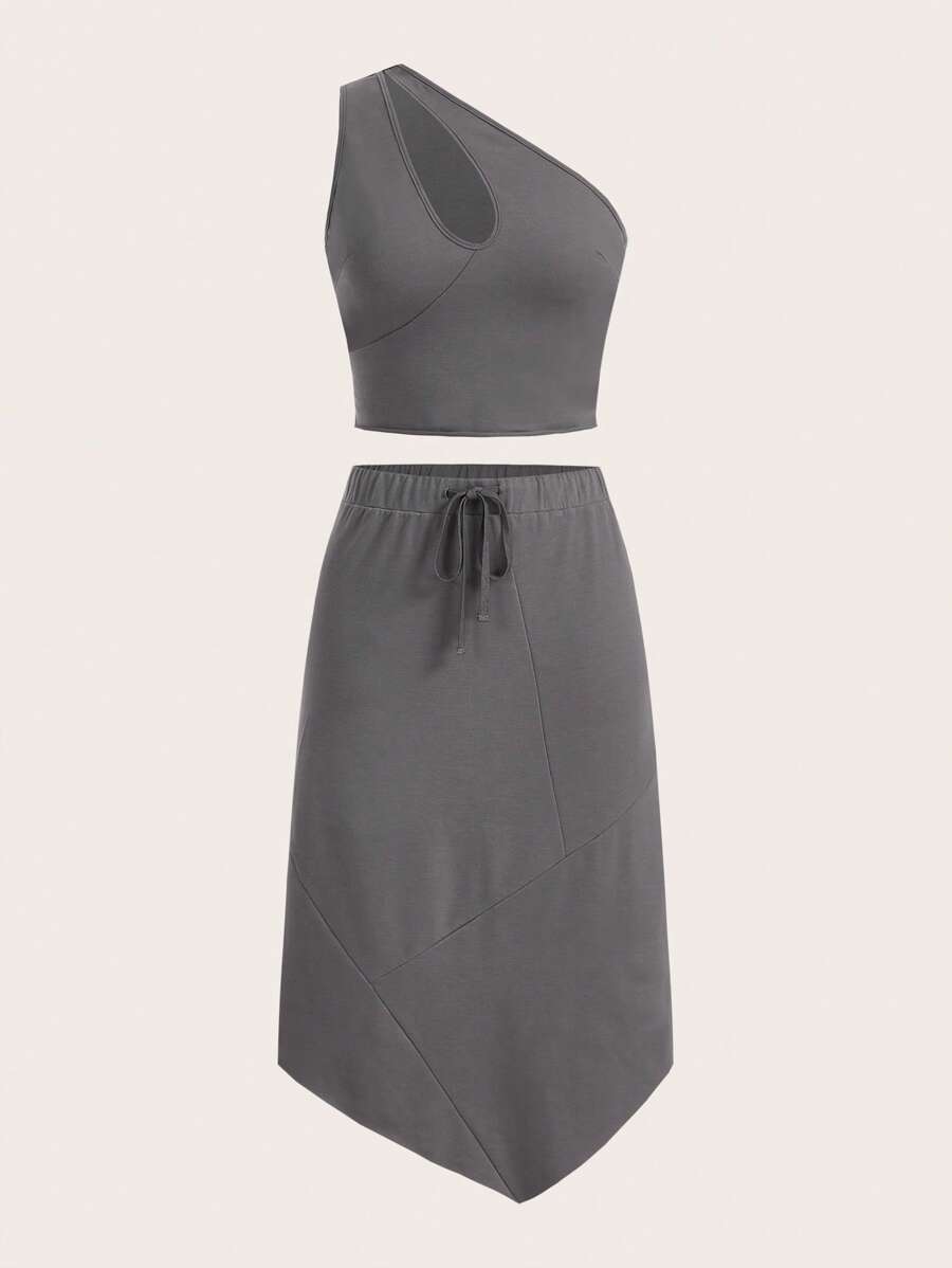 SHEINNeu One Shoulder Cut Out Top & Drawstring Waist Asymmetrical Hem Skirt - Grey - View 1