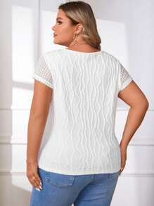 SHEIN Privé Hơn Ren tương phản Cổ v Áo thun - trắng - Xem 2