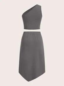SHEINNeu One Shoulder Cut Out Top & Drawstring Waist Asymmetrical Hem Skirt - Grey - View 2