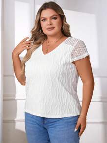 SHEIN Privé Hơn Ren tương phản Cổ v Áo thun - trắng - Xem 4