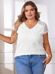 SHEIN Privé Hơn Ren tương phản Cổ v Áo thun - trắng - Xem 5