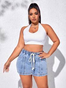 SHEIN EZwear Plus Drawstring Waist Denim Shorts - Light Wash - View 4
