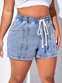 SHEIN EZwear Plus Drawstring Waist Denim Shorts - Light Wash - View 5