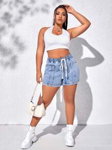 SHEIN EZwear Plus Drawstring Waist Denim Shorts - Light Wash - View 6