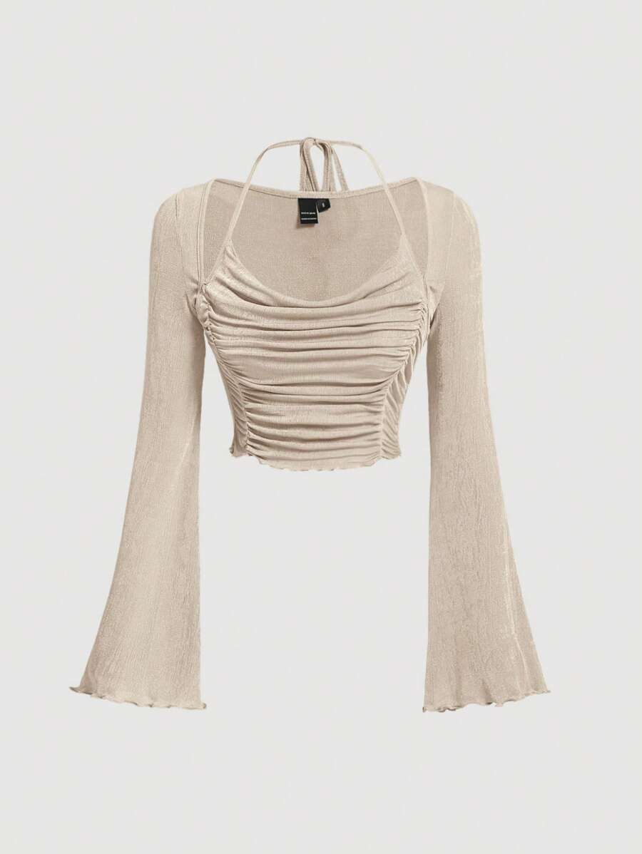 SHEIN MOD Tie Back Lettuce Trim Ruched Trumpet Sleeve Halter Neck Khaki Cropped Tee - Apricot - View 1