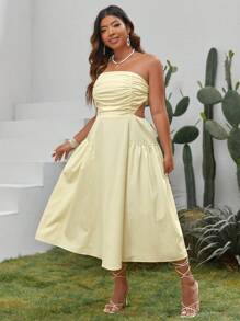 SHEIN VCAY Plus Ruched Cut Out Waist Tube Dress - Yellow - View 4