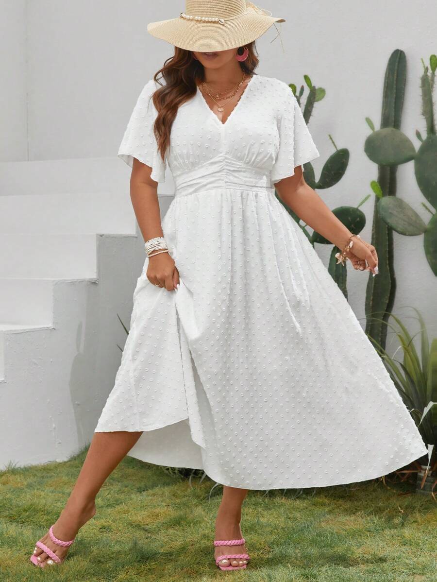 SHEIN VCAY Plus Swiss Dot Butterfly Sleeve Summer Dress,Beach Dress Sundress,Holiday Outfits Boho - White - View 1